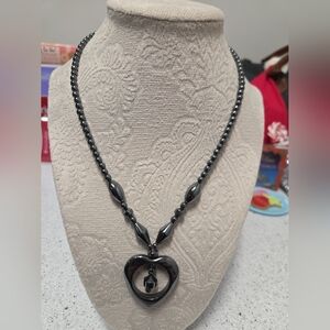 Hematite Heart Pendant Necklace – Gunmetal Beaded Statement Necklace